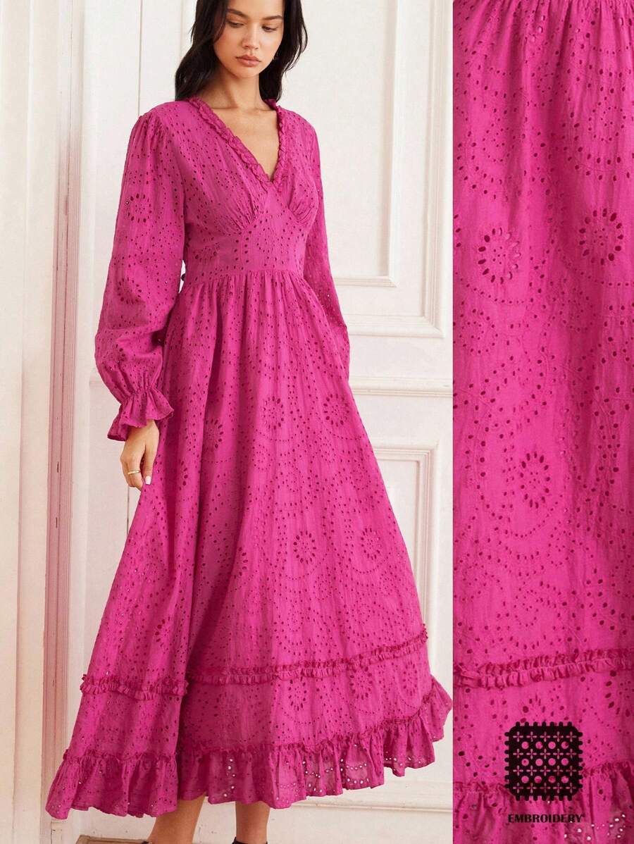 GENKIRA 复古优雅设计刺绣镂空荷叶边下摆修身长裙 - 玫紅色 - 查看 1