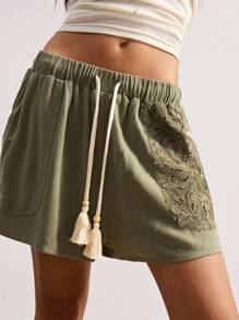 Bohemela BOHO 复古休闲编织拼接网眼刺绣宽松拼布女式短裤，乡村风格度假夏/秋季，适合度假和日常穿着流苏短裤刺绣短裤女式短裤夏季宽松短裤舒适短裤 - 軍綠色 - 查看 3