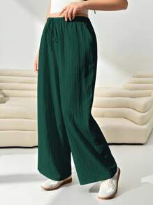 SHEIN EZwear Women Plus Size Loose Fit Woven Olive Green Long Pants