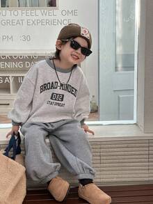 DAZY 幼儿男童羊毛卫衣套装，休闲宽松字母印花街头风格，秋季