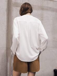 TrendSteals Women's Embroidered Linen Casual/Work Shirt With Small Stand Collar And Long Sleeves - White - View 5