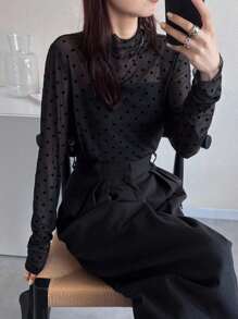 FRIFUL 女式纯黑色透明波尔卡圆点网眼高领休闲长袖上衣 - 黑色 - 查看 6