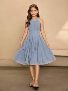 女童雪纺高领不对称下摆短裙，高端优雅，适合婚礼季、万圣节、舞会、生日派对、毕业典礼 - 藍色 - 查看 4