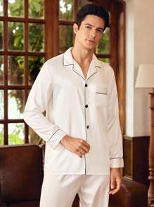SHEIN Men Contrast Piping Lapel Collar Top & Pants PJ Set, White Pajama Set, Fall Clothes - White - View 7