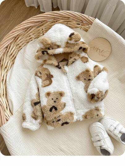 SHEIN Newborn Baby Girl Cute Hooded Jacket, Versatile Fuzzy Cartoon Bear Pattern, Autumn/Winter Baby Bear Jacket Baby Animal Clothes Baby Hoodie Baby Hooded Cardigan Toddler Bear Jacket Fall