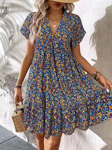 SHEIN LUNE Plus Size Ditsy Floral Short Casual Summer Vacation Dress Floral Summer Dress Boho Summer Dress Short Sleeve Summer Dress Women Summer Dress,Holiday Outfits For Women - Blue - View 1
