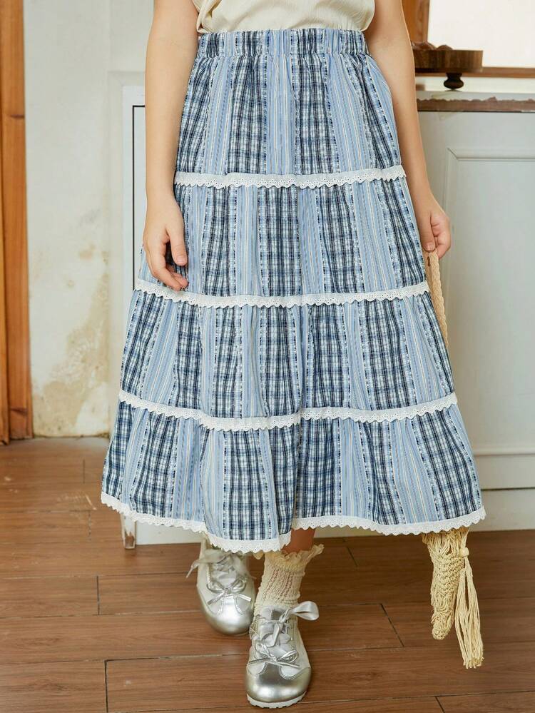 Girls Tween Girl Fashion Patchwork Lace Trim Plaid Mini Skirt For Summer