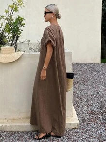 Livesso Vestido largo de verano para mujer con cuello redondo y mangas abullonadas - Café - Ver 5