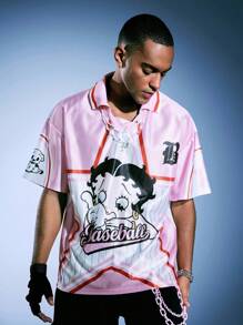 ROMWE MEN Betty Boop | ROMWE 男士夏季粉色卡通星星印花短袖 Polo 衫，2000 年代风格 - 粉色 - 查看 11