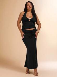 SHEIN BAE Conjunto de 2 piezas de talla grande para mujer, compuesto por top corto de malla tejida con textura 3D con flores y falda lápiz transparente con cintura anudada, ideal para vacaciones, Día de San Valentín, dama de honor, vestido mini blanco, graduación y regreso a la escuela