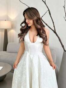 Jemour Váy dự tiệc buộc dây bằng vải satin jacquard thanh lịch dành cho nữ, phù hợp để mặc hàng ngày, hẹn hò, đi chơi, hộp đêm, tiệc tùng, phong cách công chúa có điểm nhấn là nơ, váy mùa thu, trang phục Halloween - Màu be - Xem 5