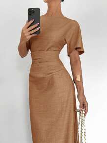 Siren Gaze 女士夏季纯色亚麻混纺连衣裙 - 棕色 - 查看 3