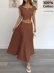 Siren Gaze Bộ 2 món áo crop top và chân váy trơn màu thanh lịch dành cho nữ mùa hè - Cà phê nâu - Xem 5