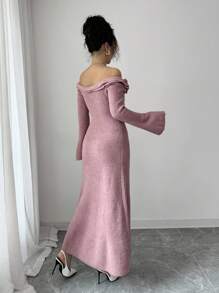 Elenzga Women Off-Shoulder Ruffle Hem Knit Sweater Dress Fall Winter Cloth For Women - Pink - View 2
