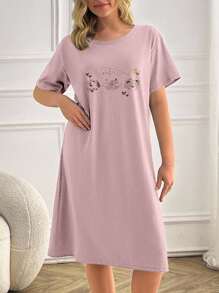 EURMUSE Women Contrast Colour Cute Animal Prints Basic Homewear Sleepdress - Coral Pink - View 3
