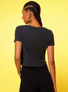 Lay's X SHEIN Women's Black Letter Graphic Round Neck Short Sleeve T-Shirt - Grey - View 2