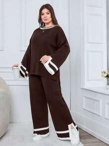 EURMUSE 1pc Contrast Trim Drop Shoulder Sweater & 1pc Knit Pants - Brown - View 4