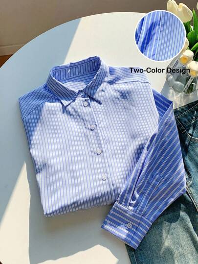 Comfortcana Camisa casual/de trabajo de manga larga con rayas de estilo Estocolmo de los años 2000, de un solo pecho, azul y blanco, camisa de rayas azul "Old Money", camisa de rayas de verano, para maestras, de vuelta al colegio