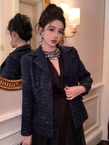 DAZY 女士优雅双排扣立领长袖修身加厚羊毛大衣秋冬夹克 - 藏蓝色 - 查看 2