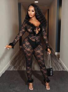 BamGleam Damski, półprzezroczysty, koronkowy kombinezon z długim rękawem i ozdobnymi piórkami, odpowiedni na lato i jesień - Czarne - Zobacz 3