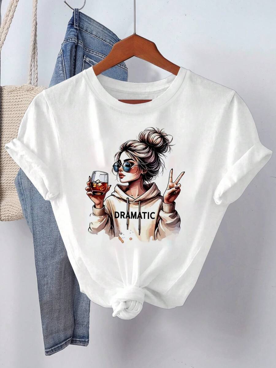 Portrait Print Short Sleeve Crew Neck Casual T-Shirt, Spring/Summer Women Apparel - White - View 1