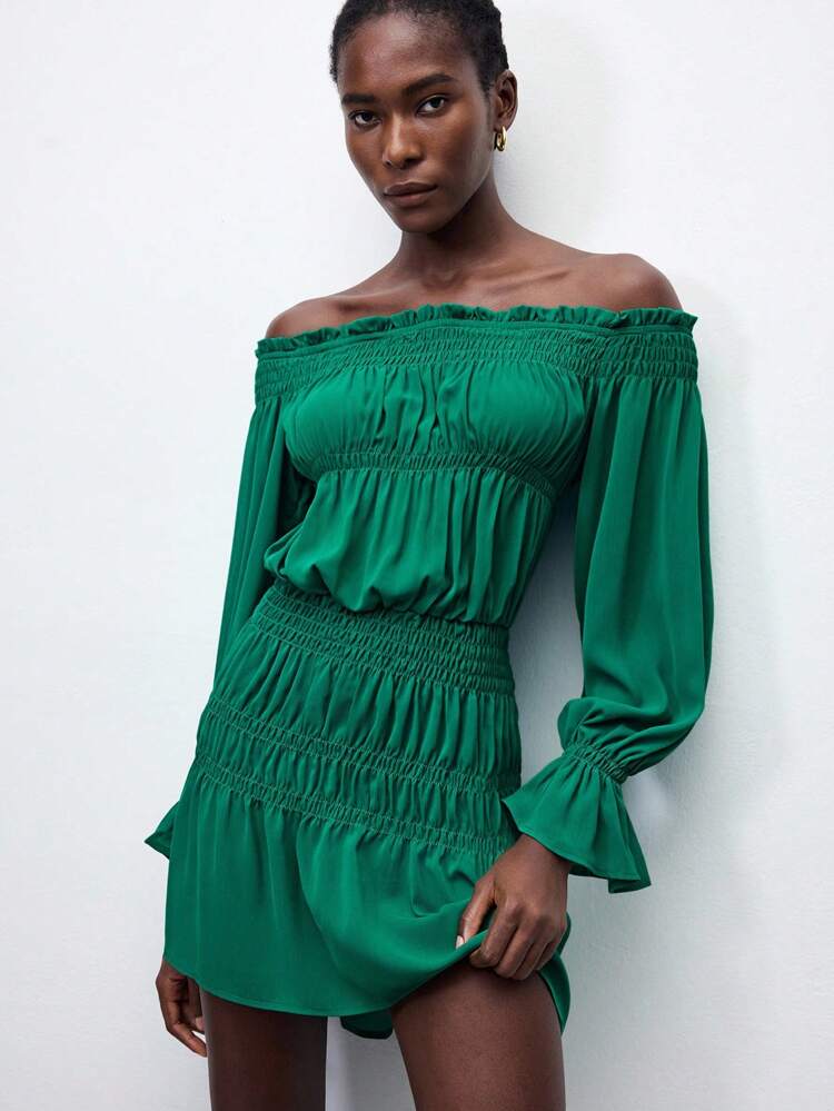 SHEIN Maija 보헤미안 휴가 스타일 오프 숄더 플리츠 엣지 녹색 쉬폰 소재 여성 미니 드레스, 봄/여름