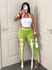 BamGleam Green Bow Decor See-Through Sexy Bodycon Leggings Back To School Fashion Fall Cloth For Women - Green - View 6