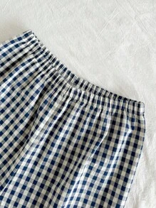 两件套少女经典格子休闲衬衫裤套装，舒适居家服，适合家庭聚会和拍照 - 藍白色 - 查看 5
