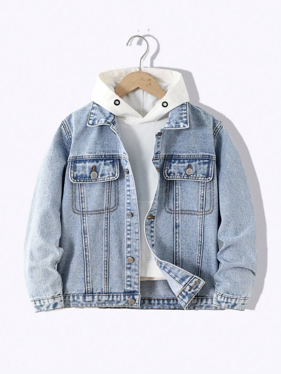 百搭休闲牛仔外套，适合青少年男孩的百搭街头服饰，秋冬季必备单品 - 中等水洗藍 - 查看 1