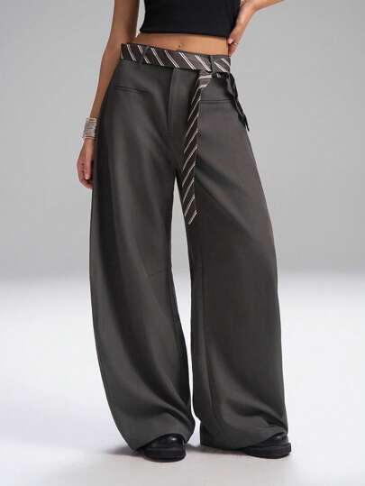 SHEIN EZwear Quần ống rộng màu trơn thời trang đi làm cỡ lớn, quần ống rộng cho nữ vào mùa thu/đông