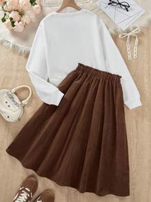 Sparklyn 少女休闲图案字母印花落肩宽松运动衫和纸袋腰仿麂皮迷你裙套装，秋季 - 棕色 - 查看 2