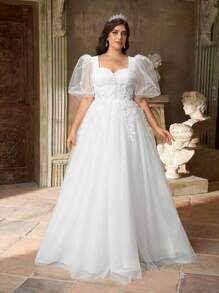 Aureia Đầm Maxi bồng bềnh cổ tim màu trắng thanh lịch lãng mạn quyến rũ tay bồng phóng đại đính hạt trang trí hoa cỡ lớn, thích hợp cho kỳ nghỉ, tuần trăng mật, dạ hội, đám cưới, váy cưới - trắng - Xem 7