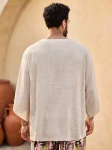 EASEVO Plus Size Men's Casual Woven 7/8 Sleeve Round Neck T-Shirt, Suitable For Summer