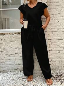 SHEIN Frenchy 2 件套女式加大码波西米亚假日风格纯色上衣和裤子套装，时尚新款春夏服装假日风格音乐节 - 彩色 - 查看 3