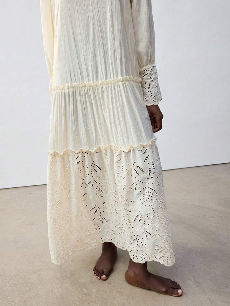 SHEIN Maija Plus Size Ivory Lace Patchwork Textured Fabric Dress, Women's Boho Beach Holiday Resort Vacation Wear,Fall, Bohemian Tropical Vibe, Music Festival, St. Patrick's Day Spring Break,Fall Women Clothes