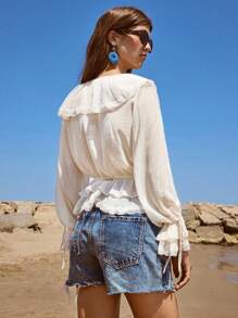 Maija 女士修身短款白色T恤，饰有铆钉孔眼元素，简约时尚基础休闲风，秋季仙气圣诞荷叶边夏季上衣，沙特国庆节派对沙滩派对上衣 - 白色 - 查看 7