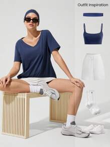 GLOWMODE 比马棉休闲柔软弹力透气常规版型臀长 V 领 T 恤日常休闲装 - Dark Blue - 查看 7