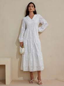 Mulvari 法式优雅纯色刺绣度假连衣裙 - 白色 - 查看 6