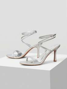 MOTF PREMIUM WOMEN'S CRISS-CROSS STRAP ROUND TOE HIGH HEEL SANDALS, FASHION & VERSATILE FOR SUMMER SPRING SHOES - Silver - View 3