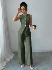 SHEIN PETITE 2pcs Women's French Elegant Metal Flower Clasp Commuter Casual Suit - Army Green - View 3