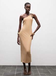 Lumivelle 女士纯色金属装饰露肩修身长裙，优雅夏季大学校园连衣裙 - 卡其色 - 查看 4