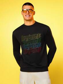 Lay's X SHEIN Men's Letter Pattern Black Crew Neck Long Sleeve Sweatshirt - Black - View 3