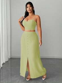 SHEIN Unity Damen Große Größen Sommerurlaub 2 Stücke Set: Elegantes Fake-Leinen Trägertop & Rock mit hohem Schlitz - Grün - Übersicht 5