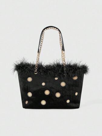 Fairycore 1 pieza Bolso de mano de señora de gran capacidad con cadena de decoración de peluche y peluche debajo del brazo, con botón con forma de sol