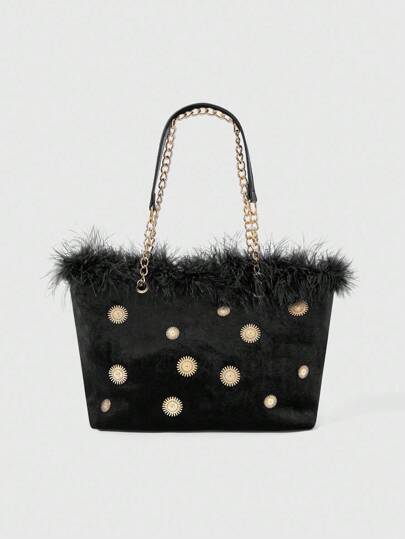 Fairycore 1pc Plush & Plush Underarm Chain Decor Handbag, Large Capacity Ladies Shoulder Bag With Sun-Shaped Button