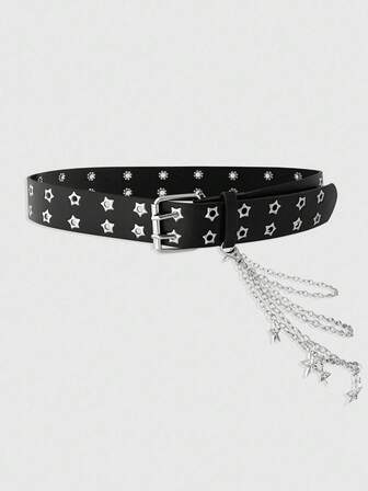 Goth 2 Stücke Damen Schwarzer Doppelreihiger Pentagramm Ösengürtel + Cut Out Pentagram Dreischichtiges Kettenzubehör, vielseitig einsetzbar für Kleider, Jeans, Alltagskleidung