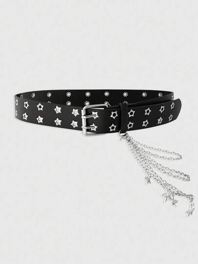 Goth 2pcs Women's Black Double-Row Pentagram Eyelet Belt + Hollow Pentagram Triple-Layer Chain Accessory, Versatile For Dresses, Jeans, Daily Wear