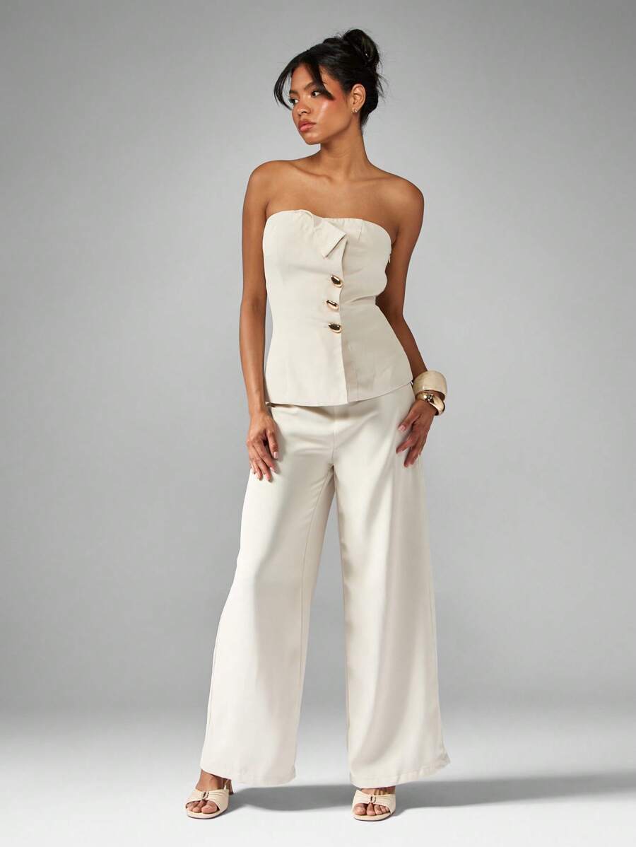 MISSGUIDED Professional Business Corset Style Tailored Two Piece Suit Wide Leg Pants Set Formal Wedding Guest Work Office Occasion Wear Evening Party Outfit Set Sleeveless Button Detail - Apricot - View 1