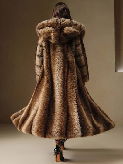 Anewsta Fashionable Women Faux Fur Hooded Long Coat