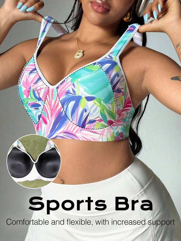 SHEIN Sport Studio Plus Size Sports Bra With Fixed Cup, Floral Print, High Support Yoga Fitness Bra